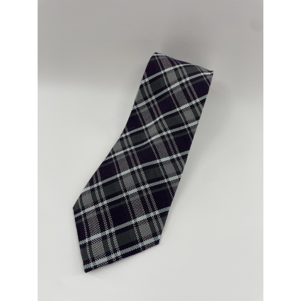 Penguin Black Purple Plaid Tie Silk Wool Blend Narrow Skinny Necktie Vtg 2.75"
